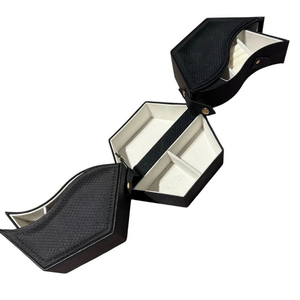 Hexagon Jewelry Box Swivel Compact Slide Outs Multi Compartment in Black